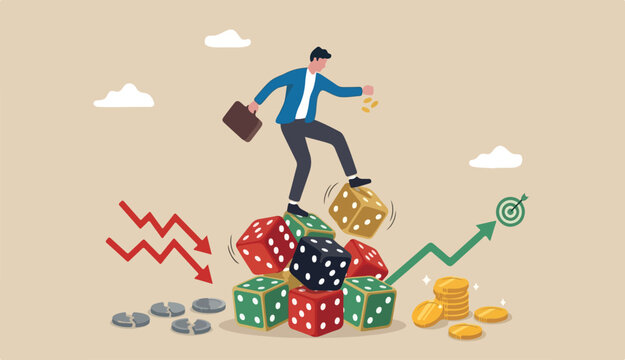 Investment risk, stock trader, gambling, uncertainty possibility losing money make profit from into investment concept, greedy investor man dare trying balance himself into spinning unstable