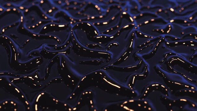 Thick bands of glossy black ferrofluid and luminous gold reflections, luxury slow moving liquid wave dynamics, premium corporate tech backdrop loop, 4k 7s abstract video.
