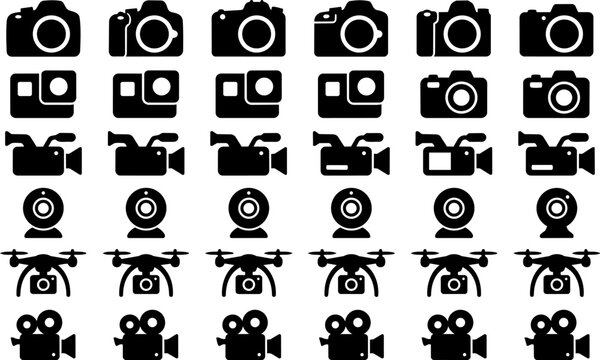 Mega bundle of minimalist solid black camera and video recording icons, flat vector DSLR, drone, webcam and action cam symbols for social media app UI dashboard and multimedia streaming platform