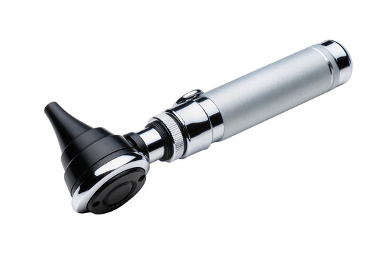 Isolated modern medical otoscope with silver handle and black head for professional ear examination