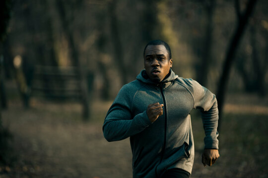 Focused male runner training on forest trail