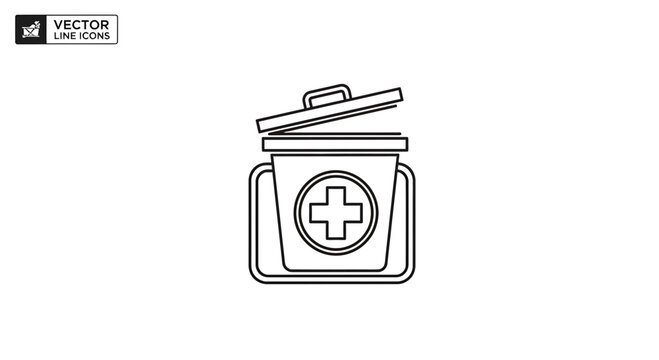 Medical waste bin icon, biohazard symbol, healthcare trash can, clean disposal line art
