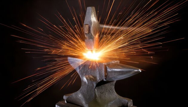 Hammer striking anvil with sparks flying in blacksmith workshop.