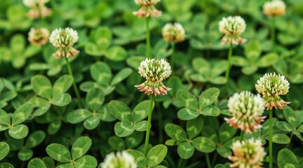 Fototapeta premium Close-up of white clover flowers and green leaves. Field of Trifolium alexandrinum plants with delicate white and pink blossoms on sunny day. Natural summer meadow background.