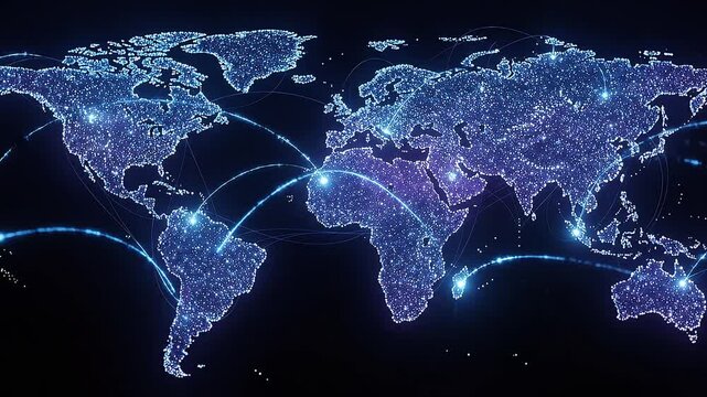 Digital world map animation showing global data network connection motion footage