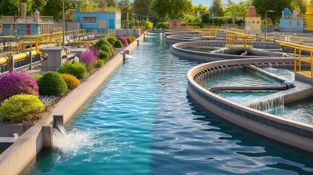 Modern water treatment plant with circular filtration tanks in daylight
