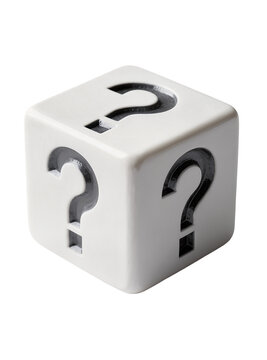 Isolated white dice with question marks on all faces representing choice and uncertainty
