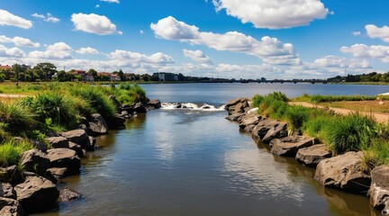 Fototapeta premium Water dam structure in urban wetlands. Natural landscape with grass, rocks, and calm blue water reflects sky. City buildings visible across river.
