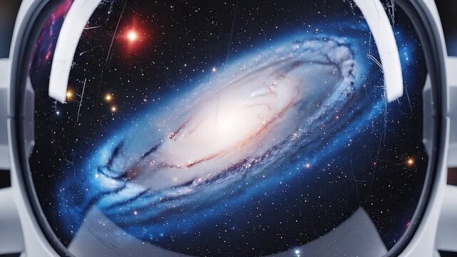 Astronaut helmet visor reflecting a spinning galaxy in motion video clip