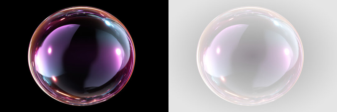 pair of transparent soap bubbles with colorful reflections on black background