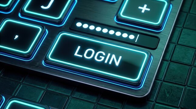 Futuristic Keyboard with Glowing Login Button and Password Field