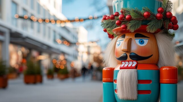 Festive wooden nutcracker decoration with holiday wreath on street