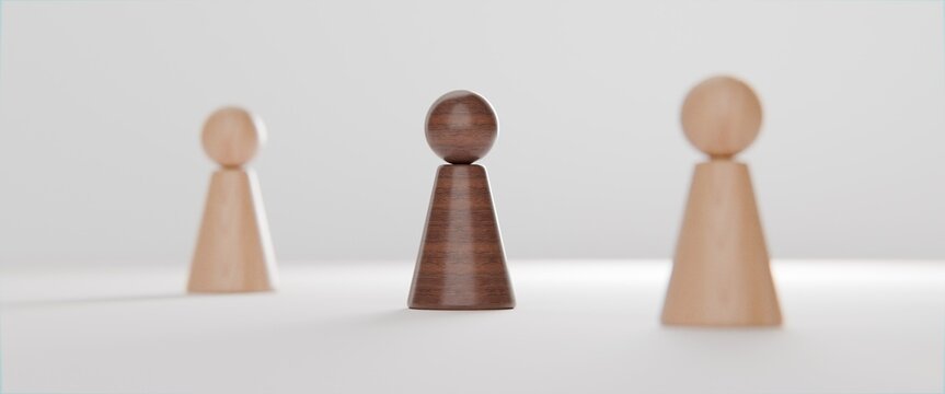 3d pawn figurines on a solid colour background, inclusion, individuality, business background