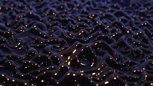 Interconnected waves of glossy black ferrofluid and luminous gold crests, premium dark metallic fluid dynamics loop, luxury abstract technology background, 4k 7s video.
