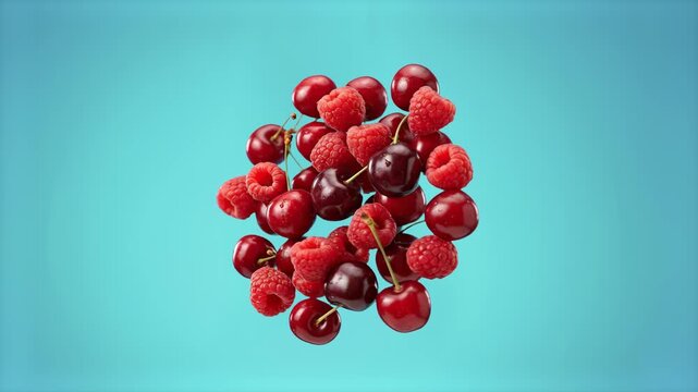 A mouthwatering 3D animated food background featuring a floating cluster of ripe red sweet cherries and fresh raspberries tumbling slowly in a loop. Isolated on a light cyan turquoise backdrop.
