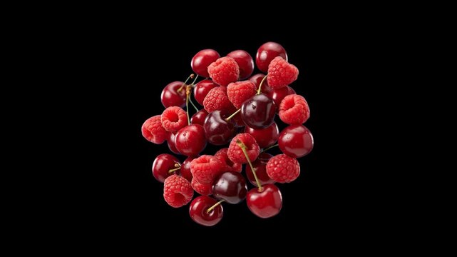 A rich heap of ripe dark red cherries with stems and fresh pink raspberries arranged in a central pile isolated against a pure pitch-black backdrop. Great premium contrast visual for high-end restaura