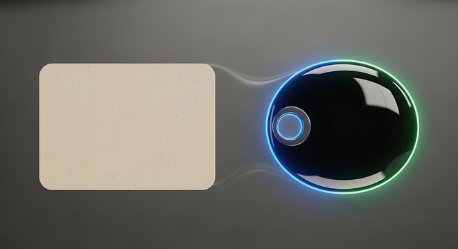 Modern computer mouse with glowing ring connected to wireless receiver on dark background