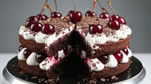 Delicious Black Forest Cake with Rich Chocolate Sponge, Whipped Cream, and Cherries Decorated for Dessert Celebrations and Culinary Photography