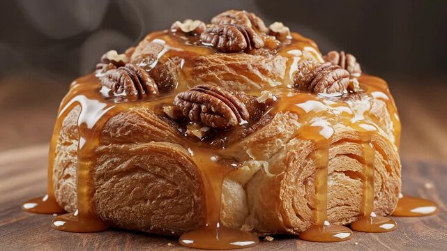 Delicious Caramel Pecan Roll Pastry with Drizzled Syrup and Toasted Pecans in Rustic Kitchen Setting