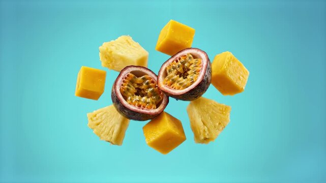 A stunning minimalist flat lay arrangement of halved exotic passion fruit (maracuja), juicy yellow pineapple chunks, and ripe mango cubes isolated on a solid teal studio backdrop. This static premium 