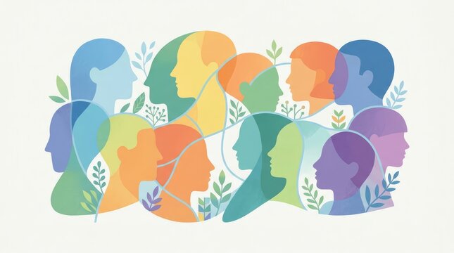 Diversity of human connection and communication represented by colorful overlapping profiles and foliage