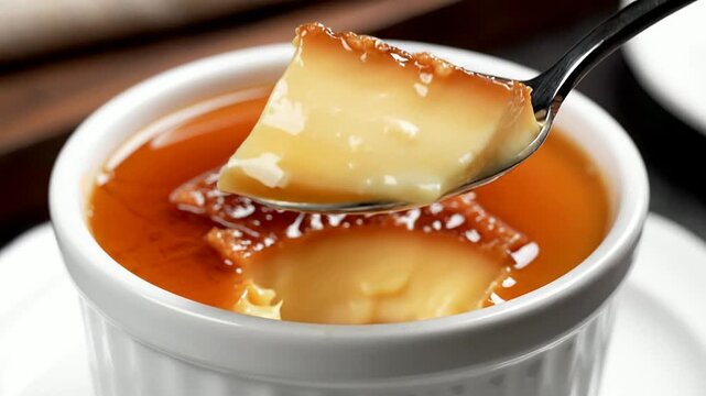 Delicious Caramel Pudding Dessert Served in a Ramekin with a Spoon Ready to Indulge, Showcasing Creamy Texture and Golden Layer, Perfect for Food Photography and Restaurant Menus