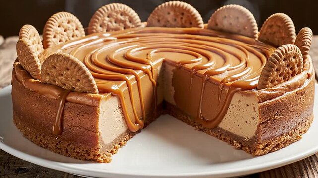 Delicious Cheesecake with Caramel Drizzle and Cookie Garnish on Rustic Wooden Background, Perfect for Dessert Photography