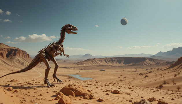 Full dinosaur skeleton standing in a vast desert landscape under a blue sky 