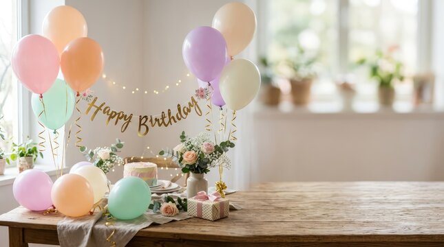 A festive birthday party setup with pastel balloons, a Happy Birthday banner, a cake, gifts, and flowers on a wooden table. The scene is bright and cheerful.