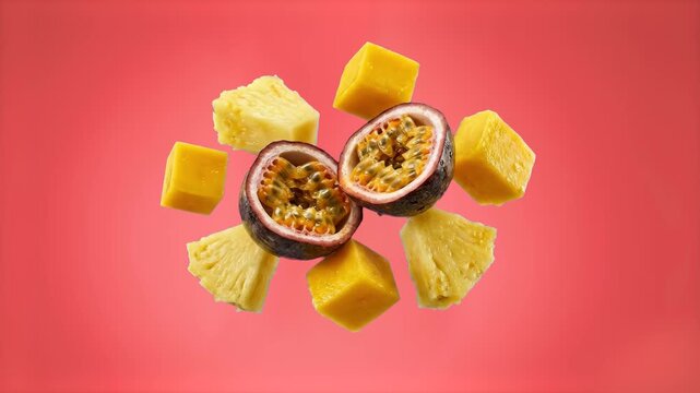 Two halves of a ripe passion fruit float alongside chunks of pineapple and mango cubes over a soft pink background. This tropical food illustration or animation captures exotic flavors, summer vibes, 