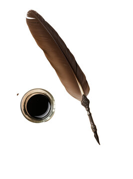 Isolated vintage quill feather pen with elegant silver handle and black inkwell