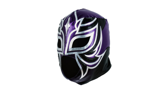 Isolated vibrant Lucha Libre wrestling mask in purple, black, and silver, traditional Mexican fighter attire