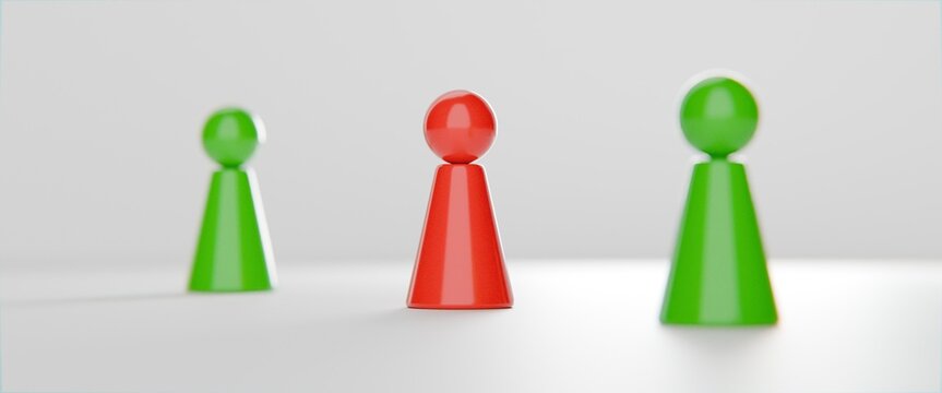 3d pawn figurines on a solid colour background with one highlighted in red, inclusion, individuality, business background