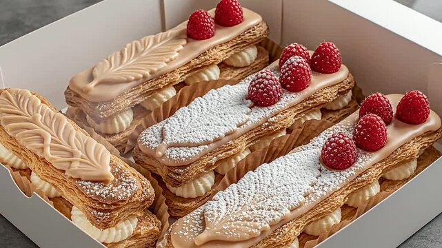 Delicious Eclairs with Raspberries and Icing Sugar in Open Pastry Box, Perfect for Bakery Displays or Dessert Menus