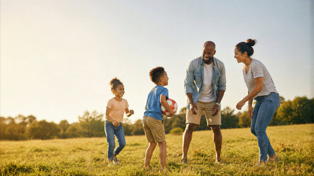 Happy Multiracial Family with Two Young Children Playing Soccer Together in a Grassy Park Meadow during a Warm Golden Hour Sunset