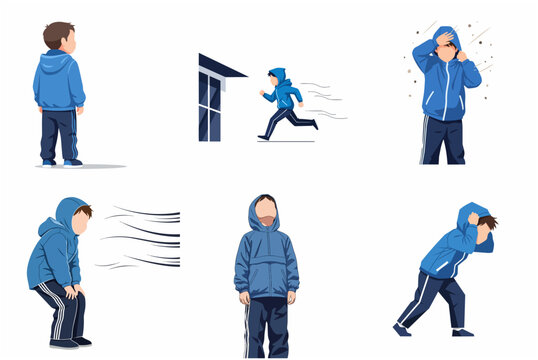 Little boy in blue jacket facing strong wind gust vector illustration set isolated on white background