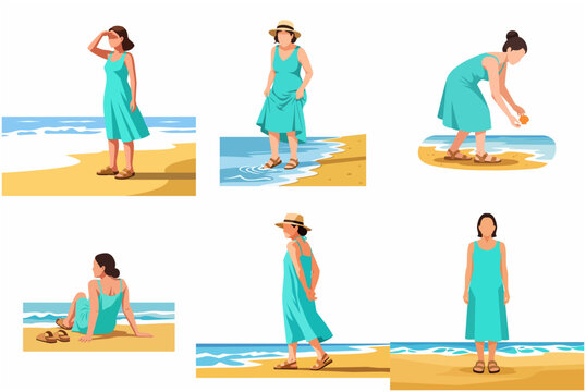 Set of flat vector illustrations of a woman in a turquoise dress enjoying various activities at the beach during summer vacation.