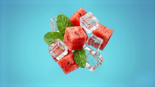 A vibrant top-down shot of ripe red watermelon chunks mixed with clear ice cubes and fresh green mint leaves isolated on a bright blue background. Ideal for summer refreshment commercials, healthy coc