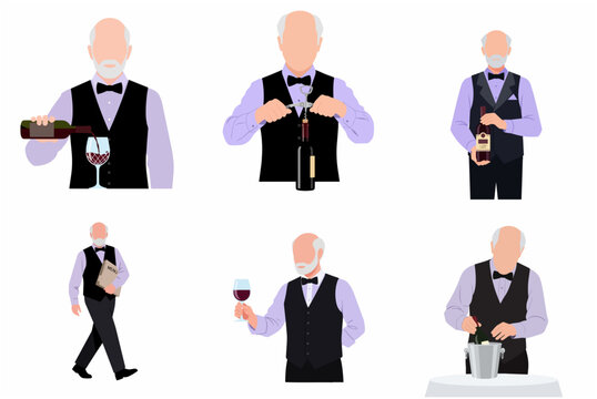 Flat Vector Illustration of Senior Sommelier Characters Set in Professional Uniform Providing Wine Service