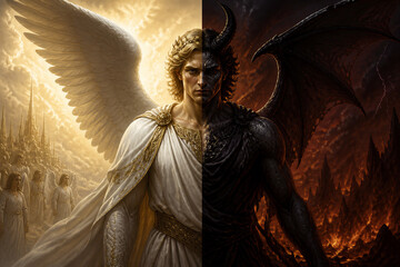 Obraz premium Angel and demon divided figure standing between heaven and hell
