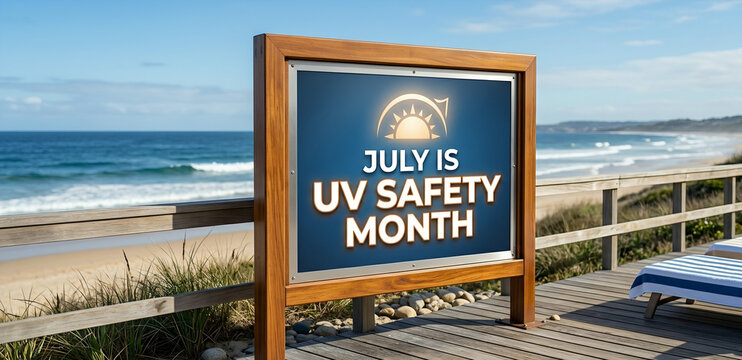 July Is UV Safety Month Informational Sign at a Sunny Beach Boardwalk