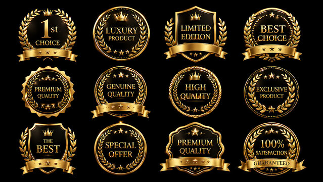 Luxury gold seal collection with 12 premium quality badges, elegant golden laurel wreaths and ribbons, metallic award icons for product certification isolated on White Background ai