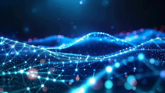 Abstract Digital Waveform: An abstract visualization of a digital network, with glowing blue nodes and connecting lines forming wave-like patterns against a dark background.