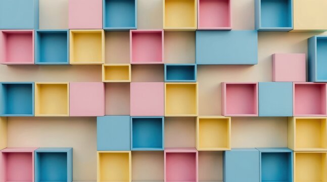 Colorful wall with pastel cubes in grid. Pink yellow blue squares create geometric pattern. Modern interior design element. Empty cubby holes for storage.