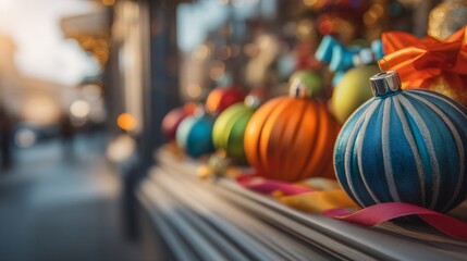 Obraz premium Colorful Christmas Ornaments Displayed in a Festive Store Window