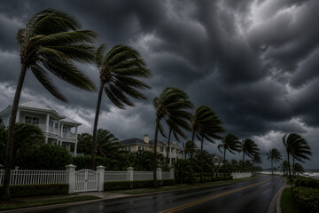 Fototapeta premium Coastal road with palm trees bending under stormy clouds