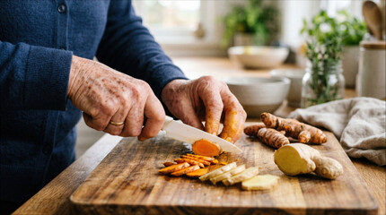 Senior person's hands slicing fresh turmeric and ginger root on a wooden cutting board, preparing healthy ingredients for natural home remedies in a domestic kitchen. © ArtFocus Studio
