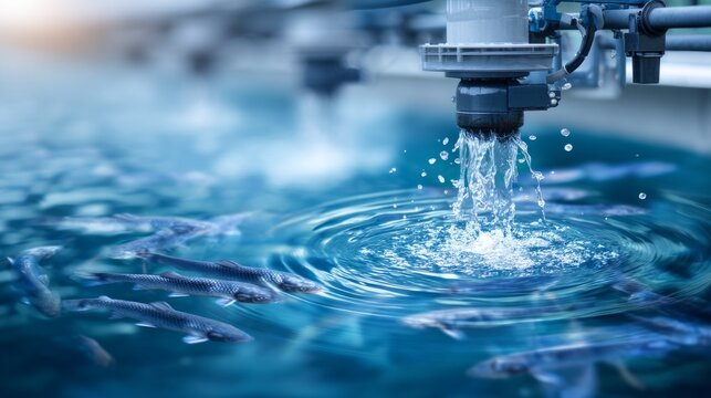 Aquaculture Feeding System Releasing Pellets into Fish Tank Water