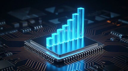 Fototapeta premium Artificial Intelligence Data Growth Visual on Futuristic Processor Illustrating Business Analytics, Machine Learning, and FinTech Investment Progress Concept