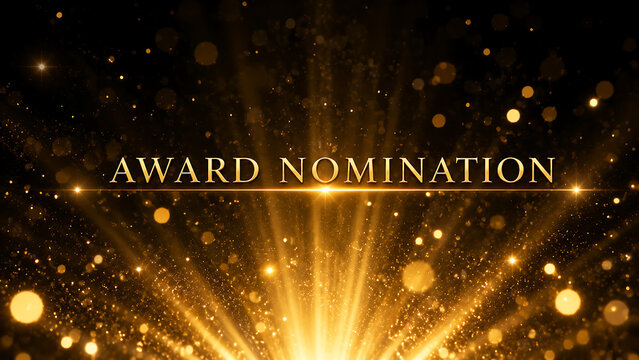 Award Nomination golden text on luxury black background, elegant gold glitter particles and light rays, cinematic trophy ceremony announcement isolated on White Background ai